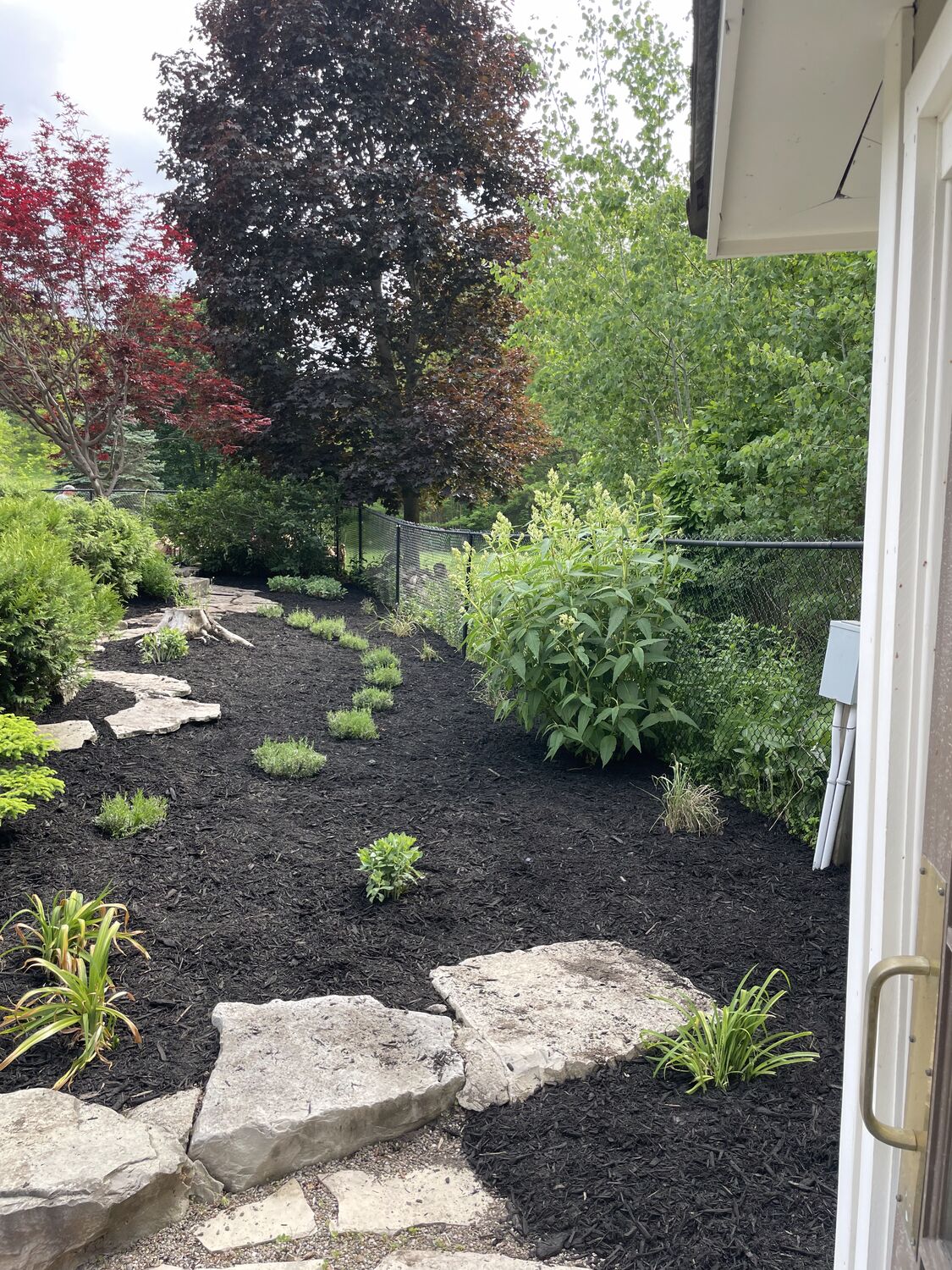 Side garden with flagstone steps, fresh mulch and new plantings